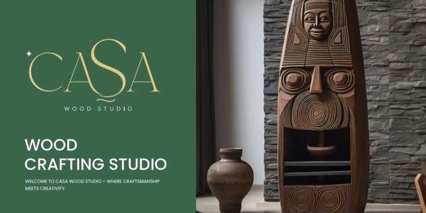 Wood crafting studio promotional image with carved wooden sculpture and pottery.