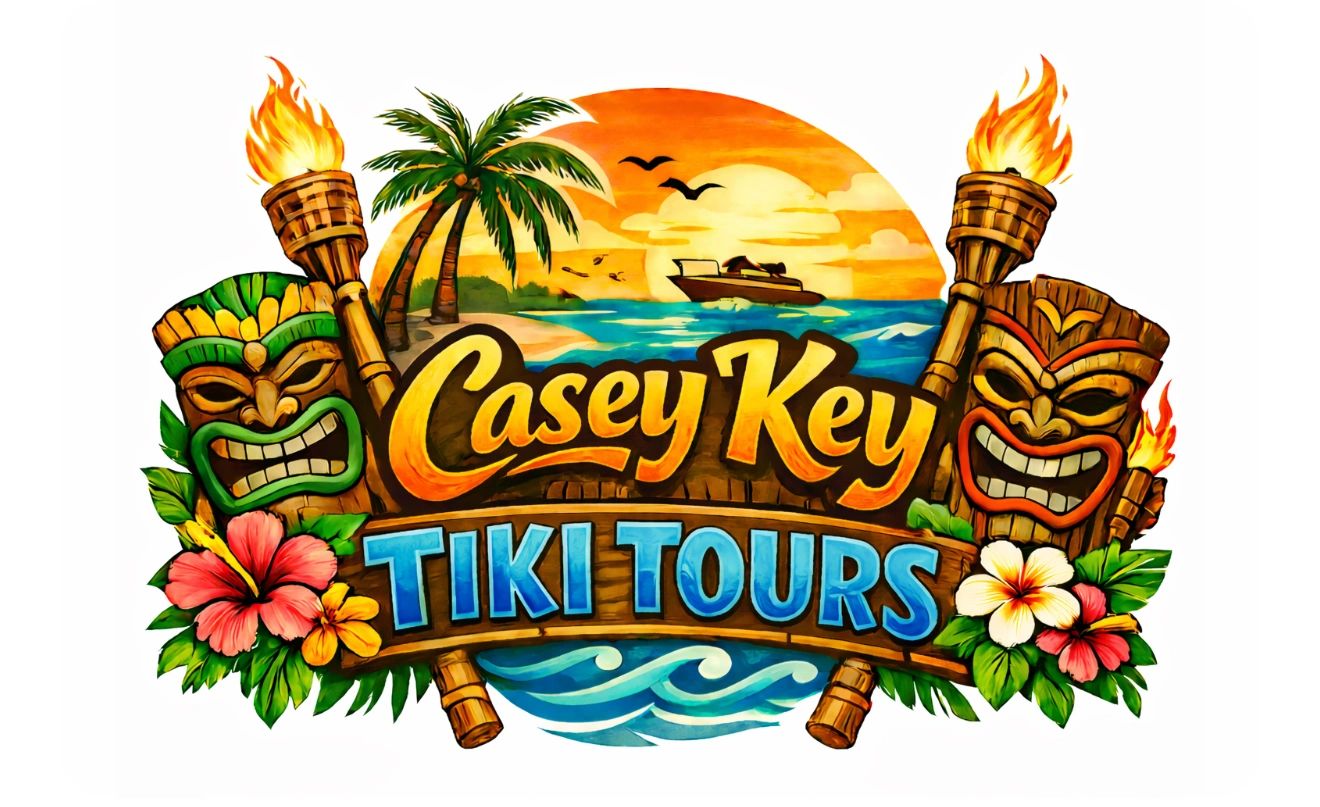 Colorful logo for Casey Key Tiki Tours with tiki masks, torches, and tropical scenery.