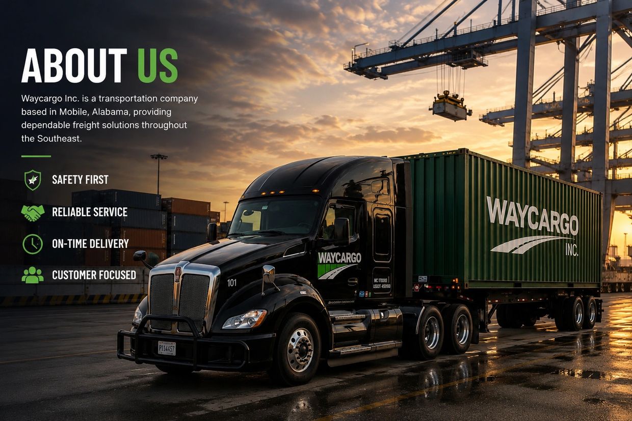 Waycargo Inc. truck at sunset in a shipping port.