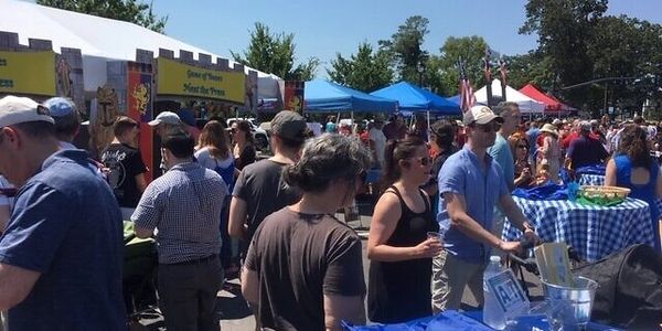 People gather at an outdoor festival with tents and booths on a sunny day.