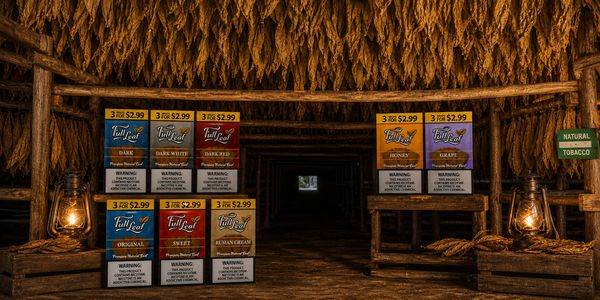 Tobacco products displayed in a rustic barn with hanging tobacco leaves.