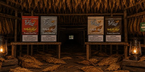 Rustic tobacco drying room with lanterns and Full Leaf product signs.