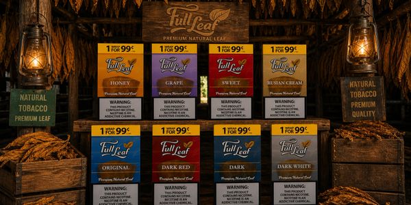 Display of Full Leaf premium natural tobacco wraps with rustic wooden background.