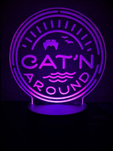 small round led lit battery operated table top sign with custom logo