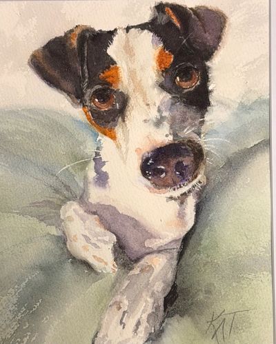 Watercolor painting of a curious dog with expressive eyes.