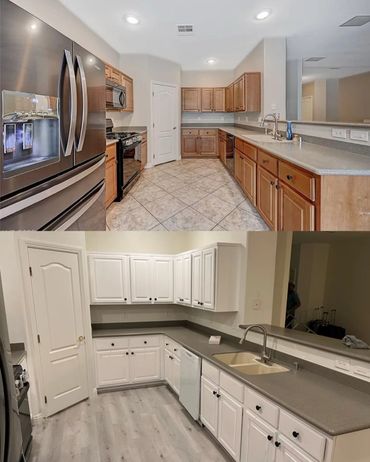 Before and after kitchen remodel with new white cabinets, flooring, and updated design.