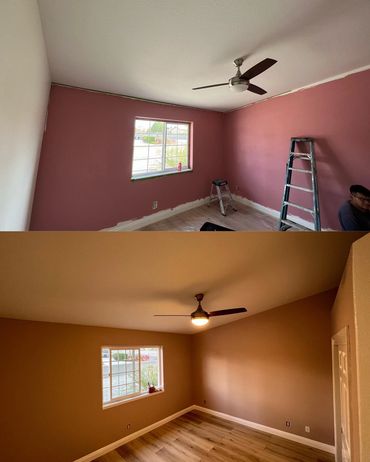 Before and after bedroom renovation with fresh paint, new flooring, and updated finishes.