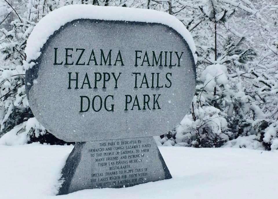 Lezama Family Happy Tails Dog Park granite sign -winter 