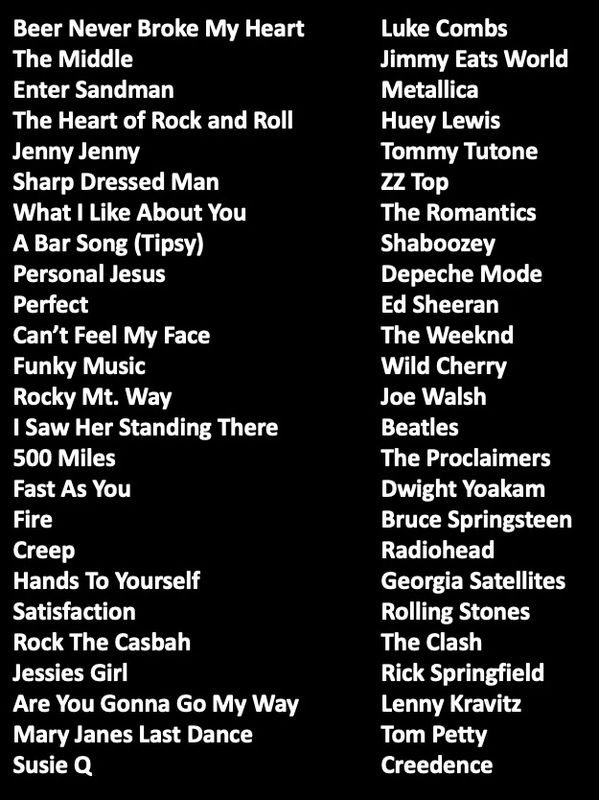 List of rock and pop songs with their respective artists in white text on black background.