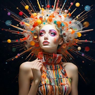 Mujer con maquillaje colorido y peinado extravagante lleno de bolas de colores.
