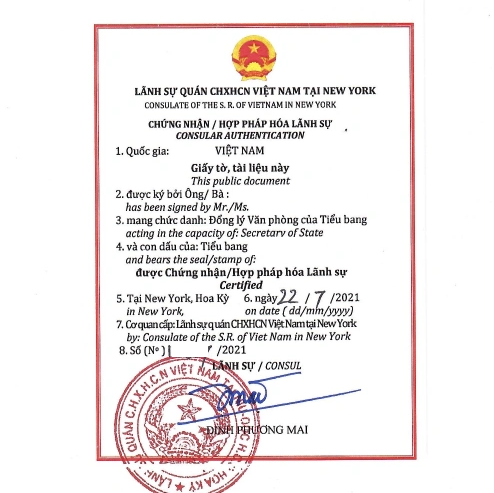 Vietnam Embassy Legalization of US Vital records, Business certificates, and notarized documents.