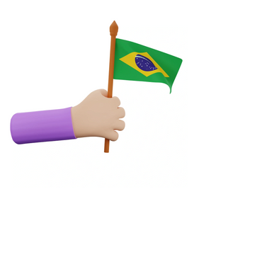 3D hand holding a small Brazilian flag with a purple sleeve.