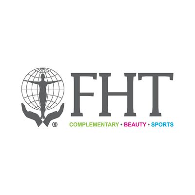 FHT logo with a human figure, globe, and hands symbolizing complementary, beauty, and sports.