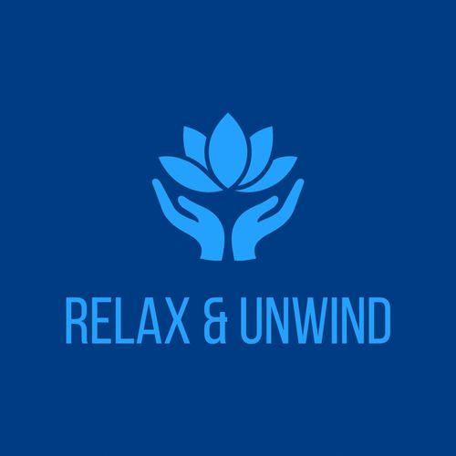 Blue logo with hands holding a lotus and text 'Relax & Unwind'.