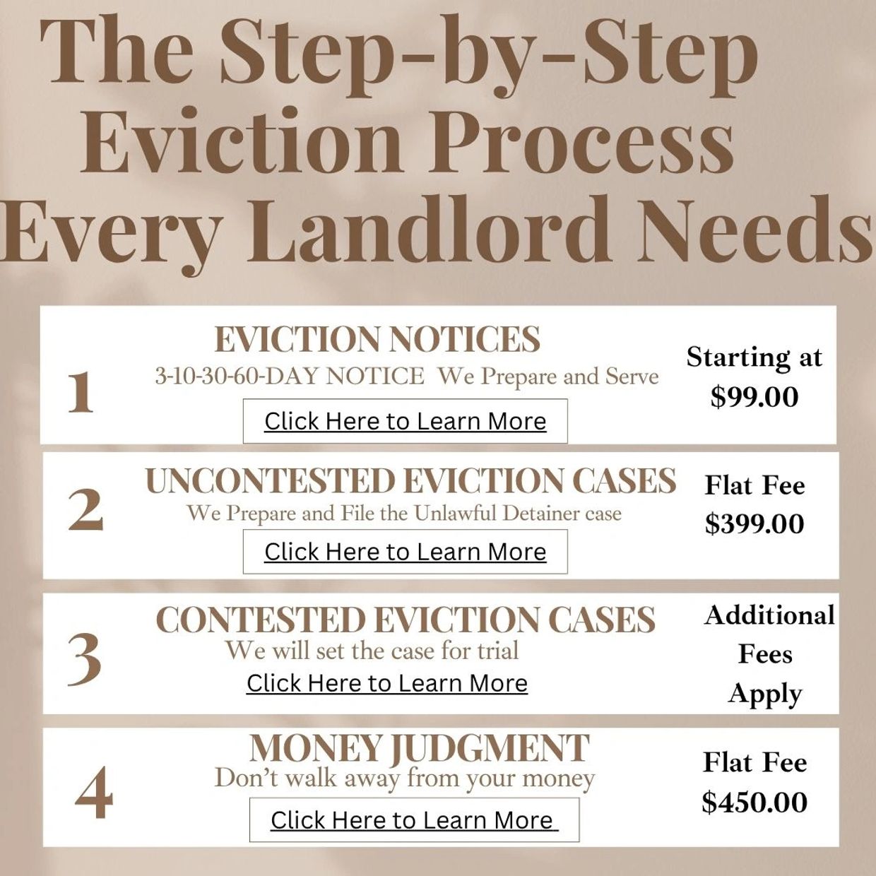 Step-by-step eviction process for landlords with fees starting at $99.