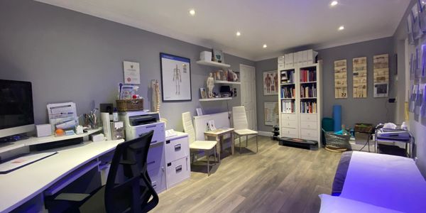 Well-organized medical office with anatomical charts and modern furnishings.