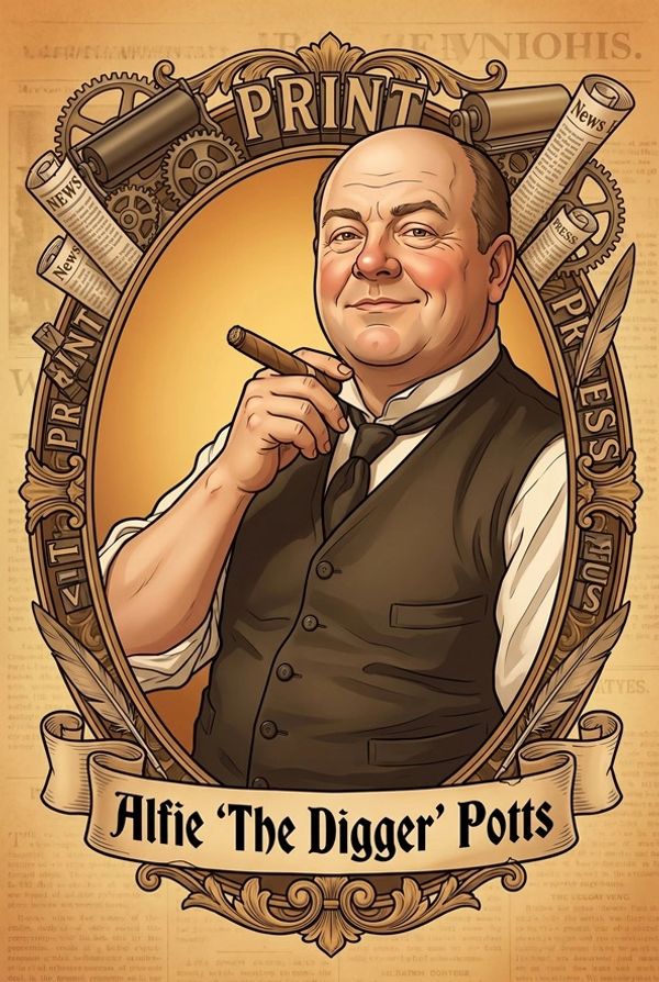 Portrait of Alfie 'The Digger' Potts with a cigar.