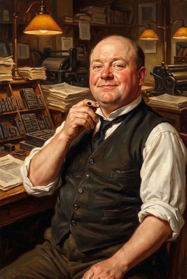 Smiling man in vintage setting with printing press.