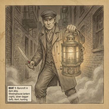 Man in dark alley holding lantern and dagger, alert and hunting.