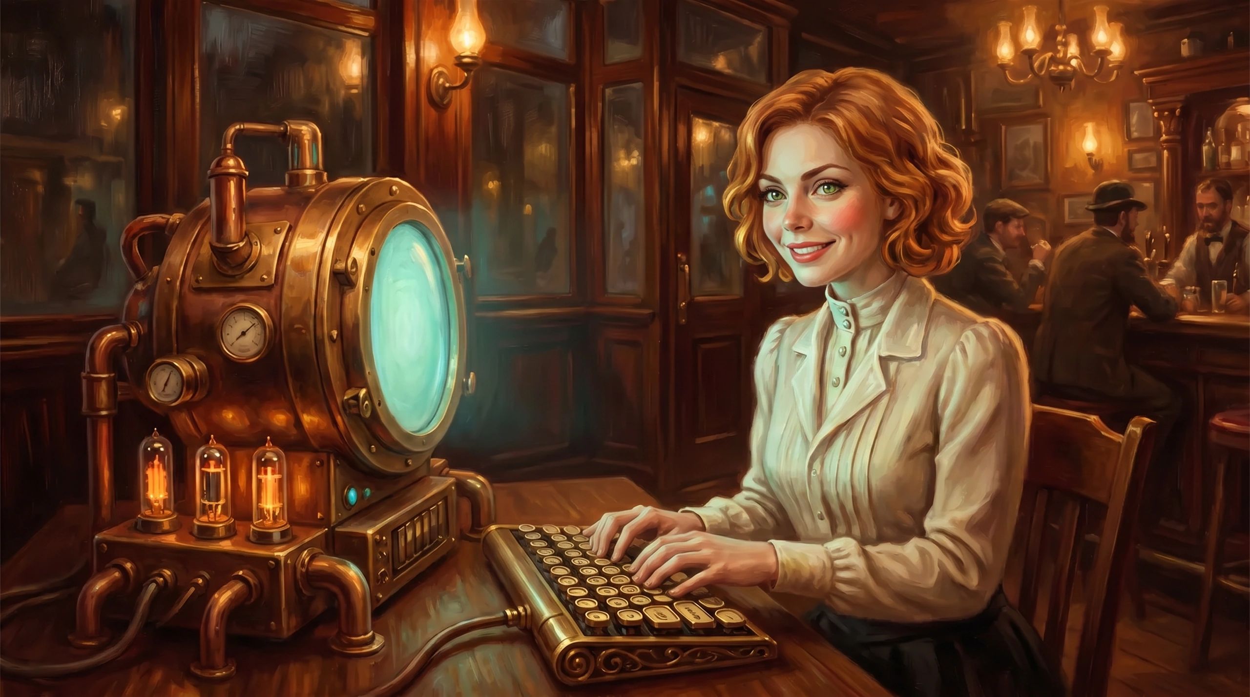 A woman typing on a vintage computer in a warmly lit room.