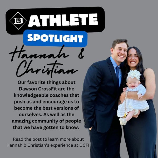 A family, Hannah and Christian with their baby, smiling for a CrossFit spotlight.
