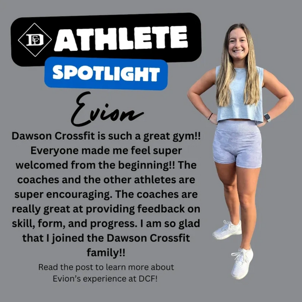 Evion, a smiling woman athlete, posing for a Dawson CrossFit spotlight.