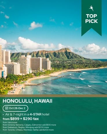 Scenic view of Honolulu with beach, ocean, and mountain, promoting a 4-star hotel stay.