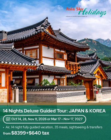 Traditional Korean houses under a blue sky promoting a Japan & Korea tour.