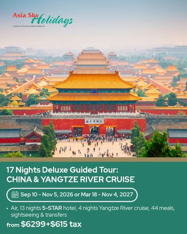 Guided tour of China and Yangtze River cruise with deluxe accommodations.
