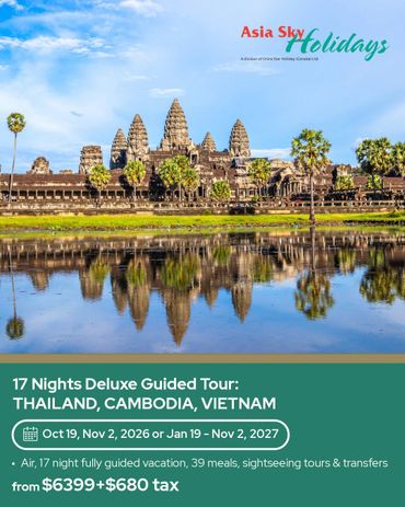 Scenic view of Angkor Wat with travel tour details for Thailand, Cambodia, Vietnam.