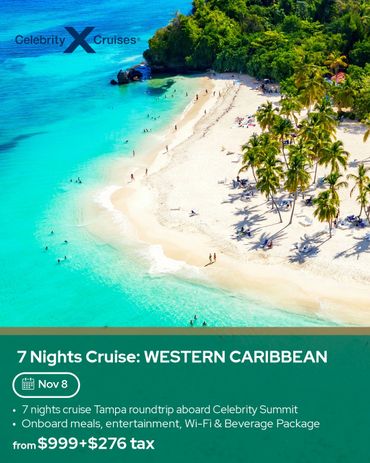 A tropical beach with clear turquoise water and palm trees, promoting a 7-night Western Caribbean cruise.