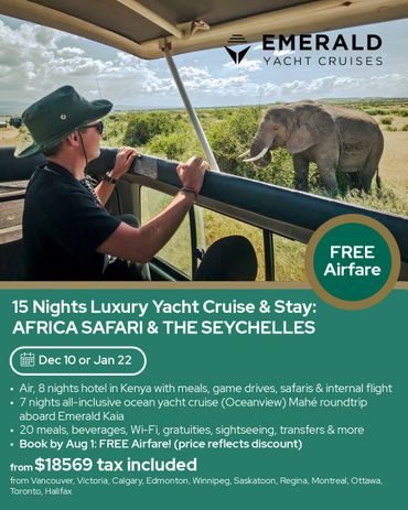 Luxury 15-night Africa safari and Seychelles yacht cruise with free airfare.