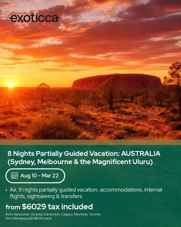 Sunset view of Uluru in Australia with tour offer details.