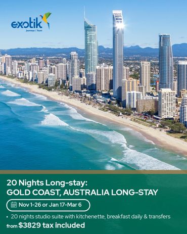 A scenic aerial view of Gold Coast, Australia with a long-stay travel offer.