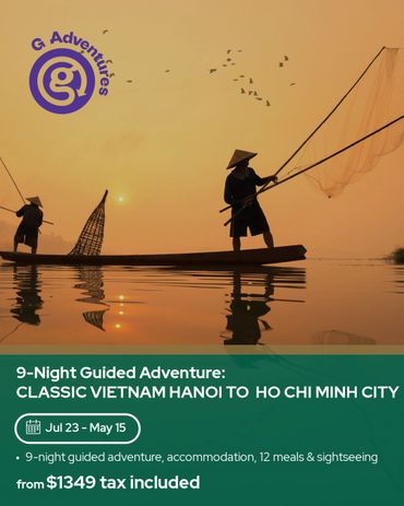 Fishermen on a boat at sunset in Vietnam, promoting a 9-night guided adventure from Hanoi to Ho Chi Minh City.