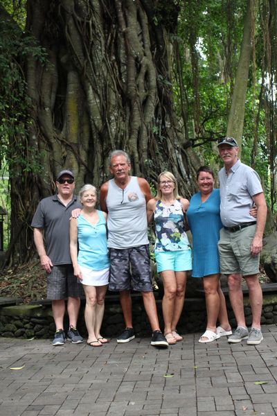 A group of six adults posing outdoors in front of a large tree.