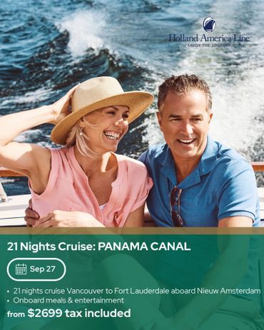 Happy couple enjoying a Panama Canal cruise with Holland America Line.