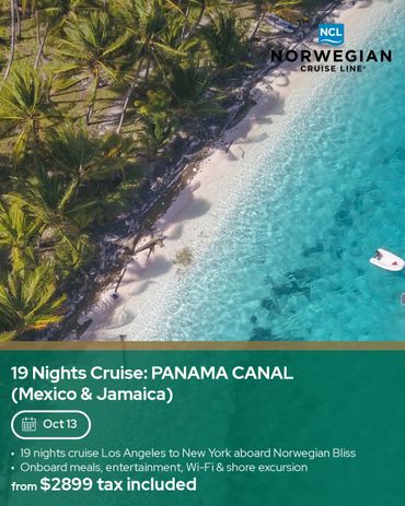 A tropical beach with clear blue water and palm trees promoting a 19-night Panama Canal cruise.