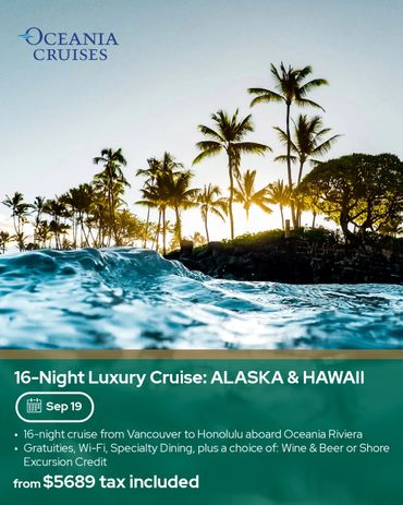 Sunset view of palm trees and ocean waves promoting a 16-night Alaska & Hawaii cruise.