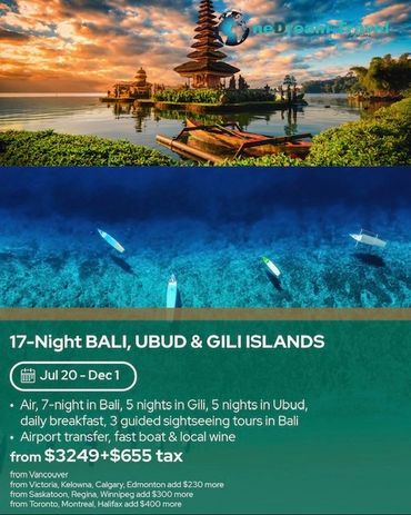 Scenic Bali and Gili Islands travel advertisement with stunning landscapes and tour details.