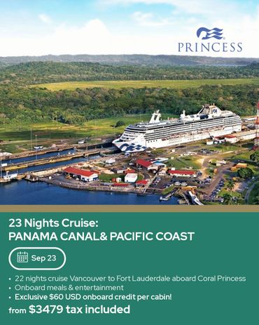 Cruise ship at Panama Canal with lush greenery and clear skies.
