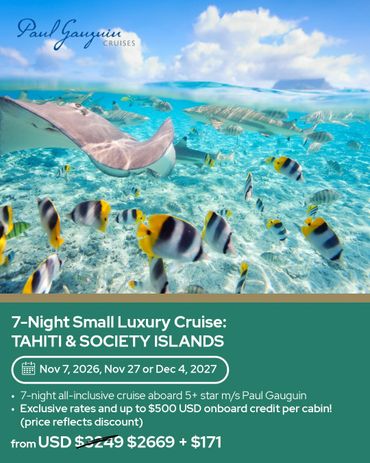 Underwater view of tropical fish and rays promoting a luxury Tahiti cruise.