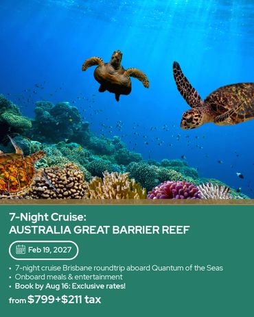 Underwater view of sea turtles and coral at the Great Barrier Reef.