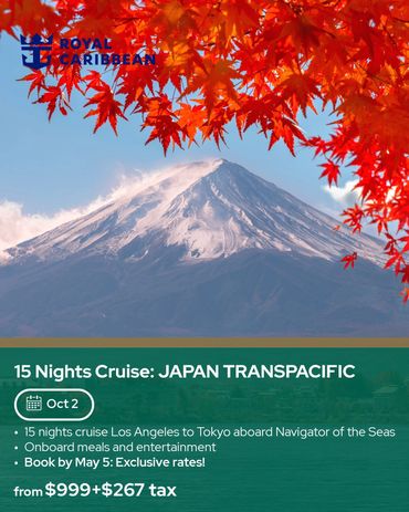 Royal Caribbean offers a 15-night Japan Transpacific cruise from Los Angeles to Tokyo.