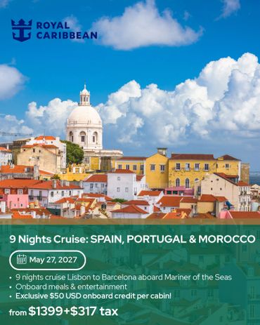 Royal Caribbean 9-night cruise visiting Spain, Portugal, and Morocco starting May 27, 2027.