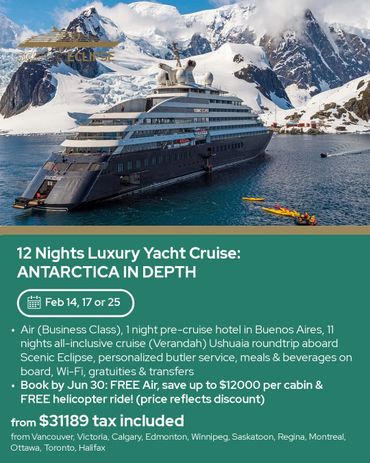 Luxury yacht cruise in Antarctica with stunning snowy mountains and kayaking.