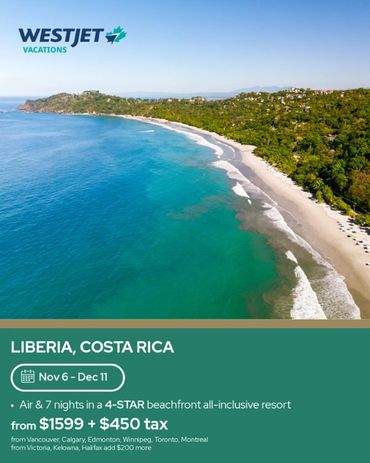 Aerial view of a beautiful beach in Liberia, Costa Rica, promoting a WestJet vacation package.