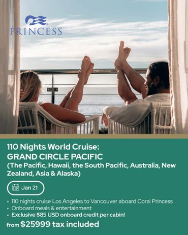 Couple relaxing on a cruise ship balcony during a world cruise.