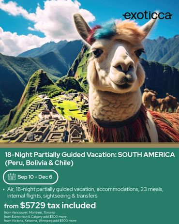 Llama in front of Machu Picchu promoting South America vacation package.