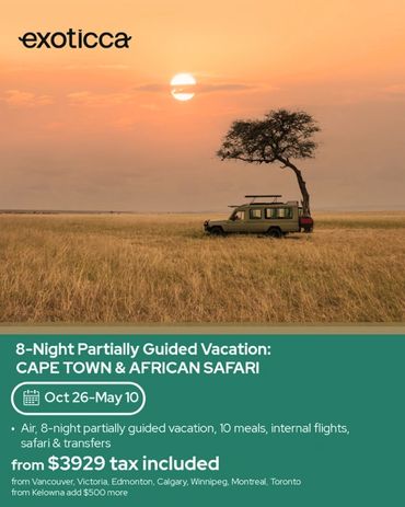 Safari vehicle under a tree at sunset in African savannah.